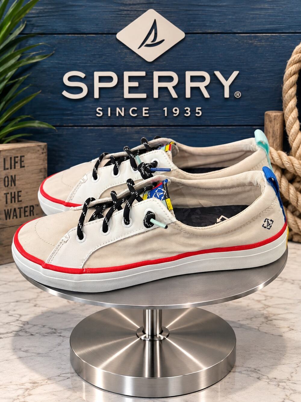 Sperry Women’s Ivory Red Nautical Lace-Up Sneakers STS87530 Size 8M